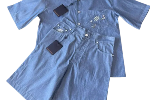 LV Embroidered Chambray Suite Set Blue