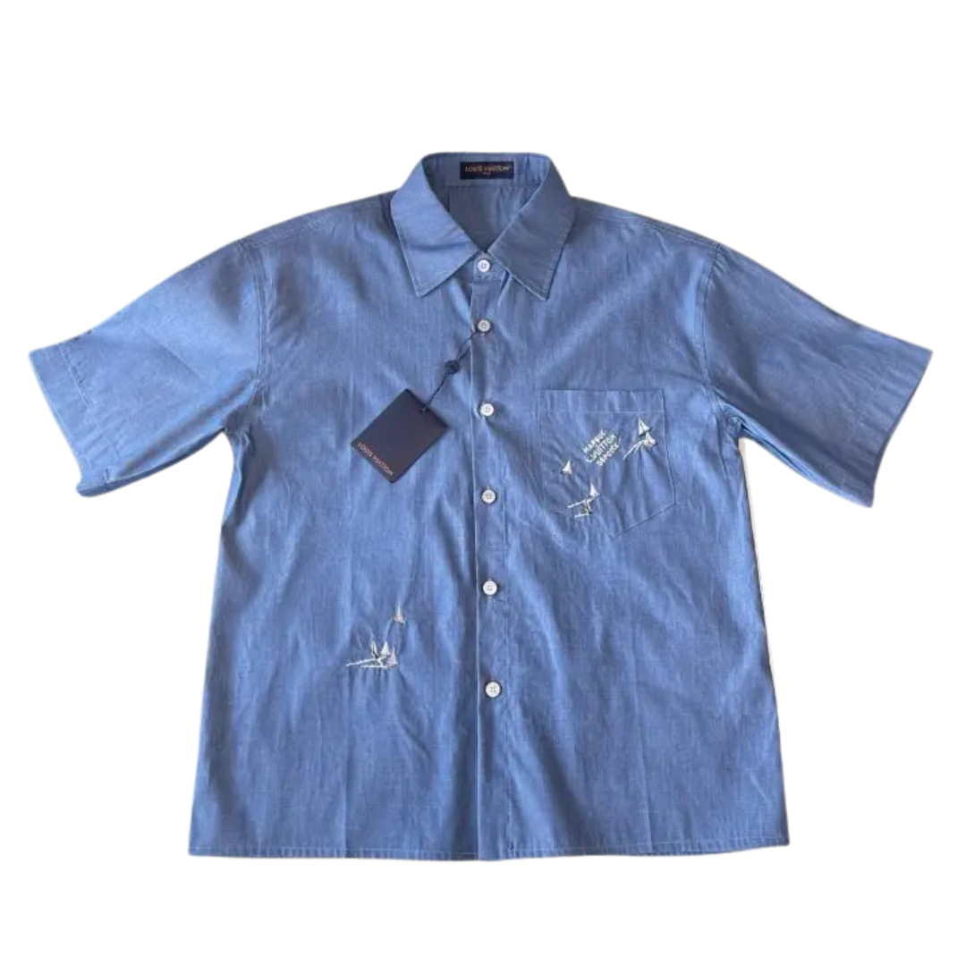 LV Embroidered Chambray Shirt Blue 2026 | Drip Kickz LV Embroidered Chambray Shirt Blue