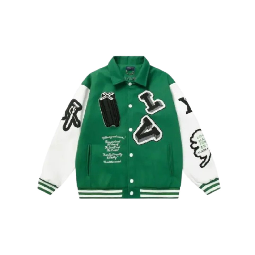 LV Graphics Leather Varsity Jacket Green/White 2026 | Drip Kickz LV Graphics Leather Varsity Jacket Green/White