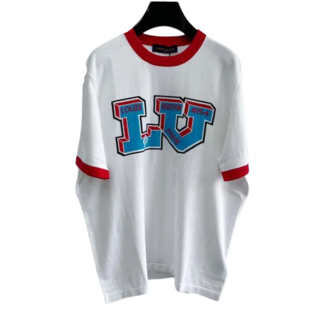 Lv White & Blue Logo Intarsia T-Shirt 2026 | Drip Kickz Lv White & Blue Logo Intarsia T-Shirt