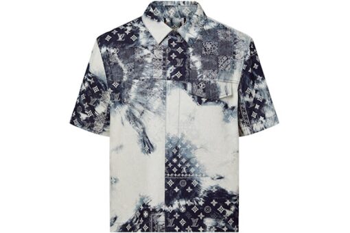 LV Monogram Bandana Short Sleeve Denim Shirt Indigo Blue/White