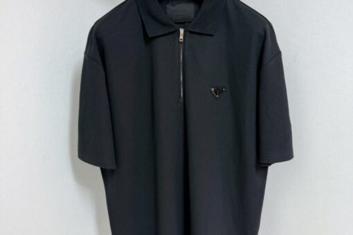 Prada Zipped Metal Logo Polo T-Shirt Black