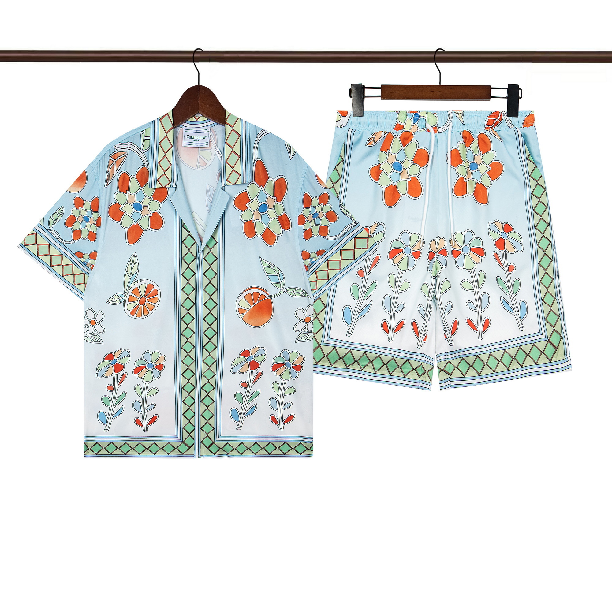 Casablanca Blue Yoruba Flowers Silk Shirt And Short Set 2026 | Drip Kickz Casablanca Blue Yoruba Flowers Silk Shirt And Short Set