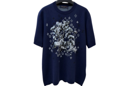 LV Short Sleeved Jacquard Crewneck T Shirt Navy Blue