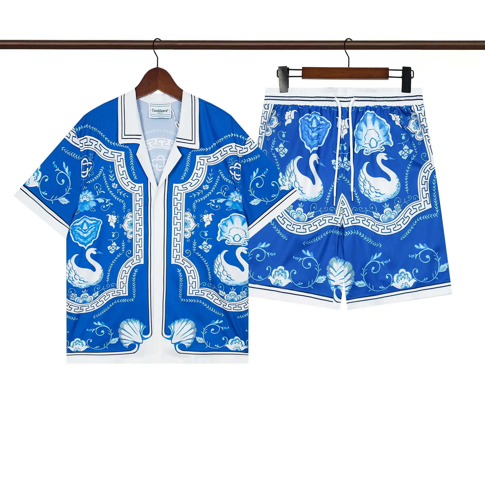 Casablanca Blue And White Swan Print Silk Shirt And Shorts Set 2026 | Drip Kickz Casablanca Blue And White Swan Print Silk Shirt And Shorts Set