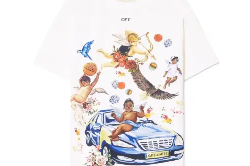 Off-White white t-shirt with car fresco style