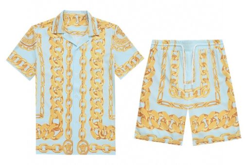 Versace Light Blue and Gold-Tone Medusa Chain Silk Shirt And Shorts Sets