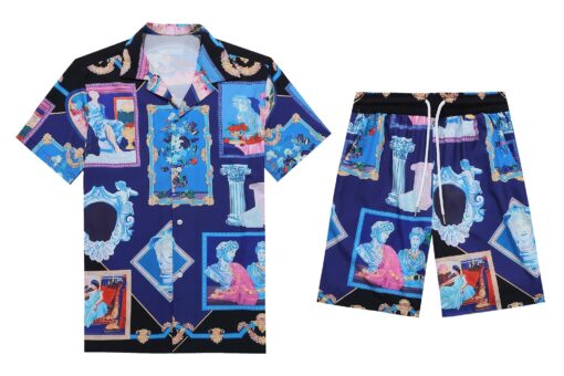 Versace Gallery Blue Silk Shirt And Shorts Sets