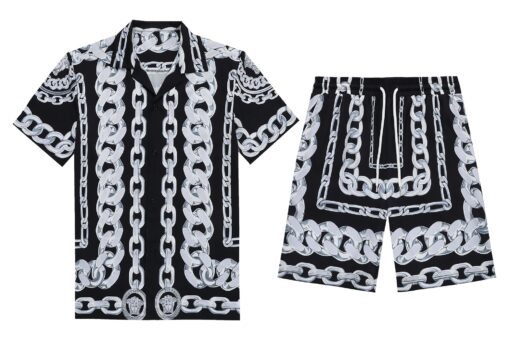 Versace Light Black and Silver-Tone Medusa Chain Silk Shirt And Shorts Sets