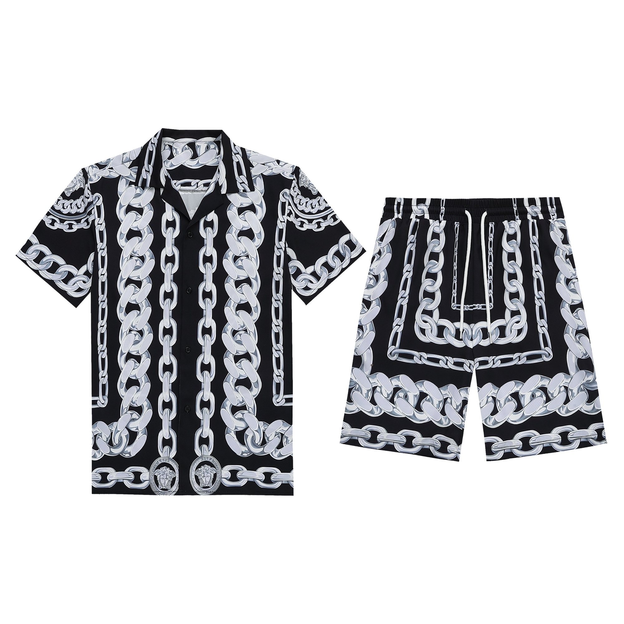 Versace Light Black and Silver-Tone Medusa Chain Silk Shirt And Shorts Sets 2026 | Drip Kickz Versace Light Black and Silver-Tone Medusa Chain Silk Shirt And Shorts Sets
