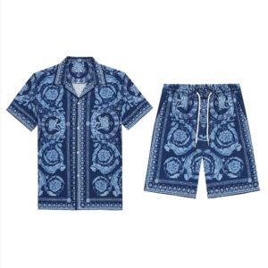 Versace Blue Barocco-Print Silk Shirt And Shorts Sets