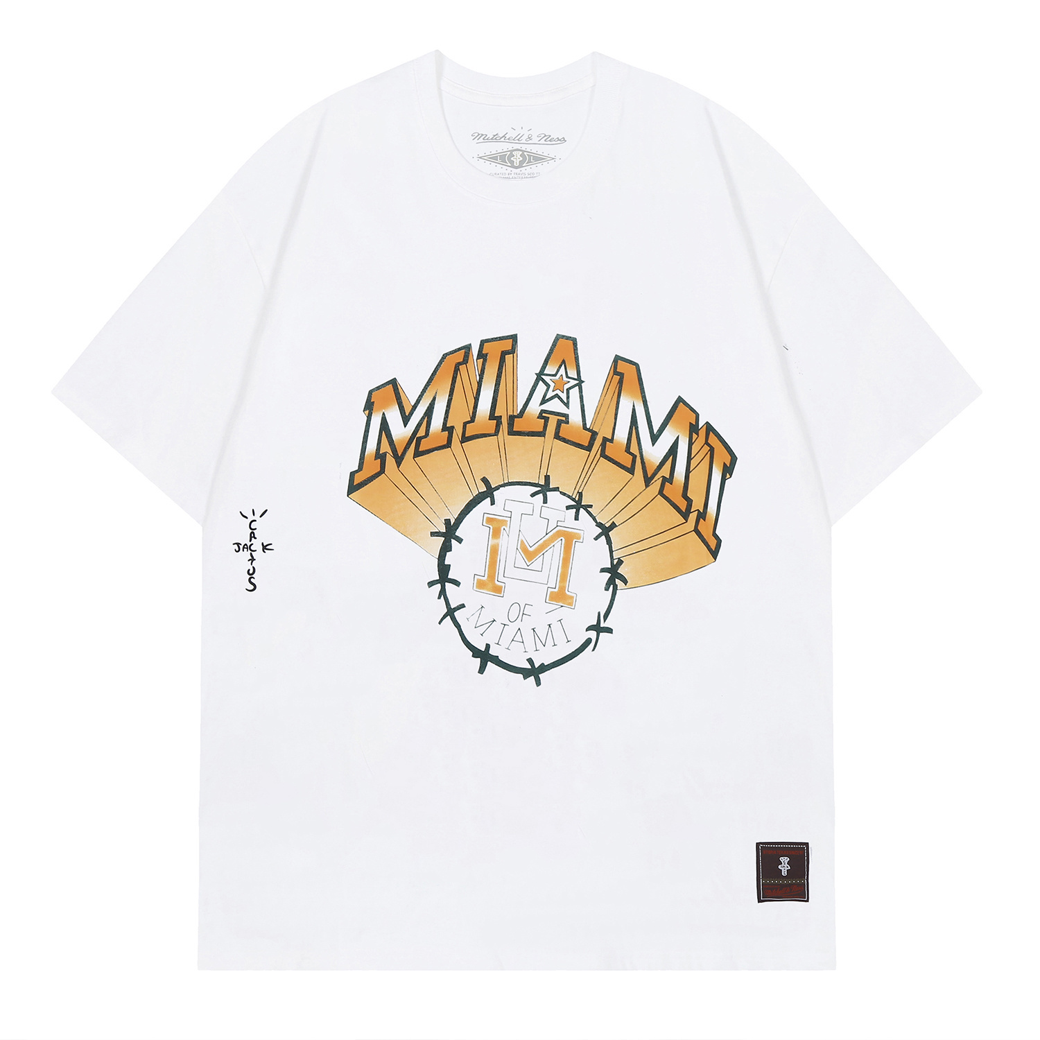 Travis Scott x Mitchell & Ness Miami Hurricanes Hand-Drawn T-Shirt White 2026 | Drip Kickz Travis Scott x Mitchell & Ness Miami Hurricanes Hand-Drawn T-Shirt White