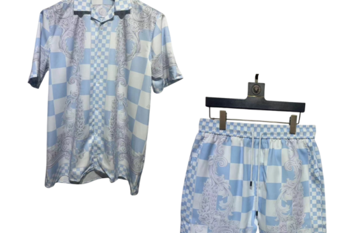 Versace Checkered Medusa Silk Camp Sky Blue Shirt And Shorts Sets