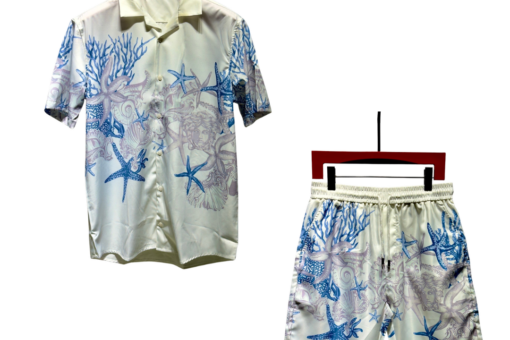 Versace Barocco Sea Printed Cotton Poplin Shirt And Shorts Sets