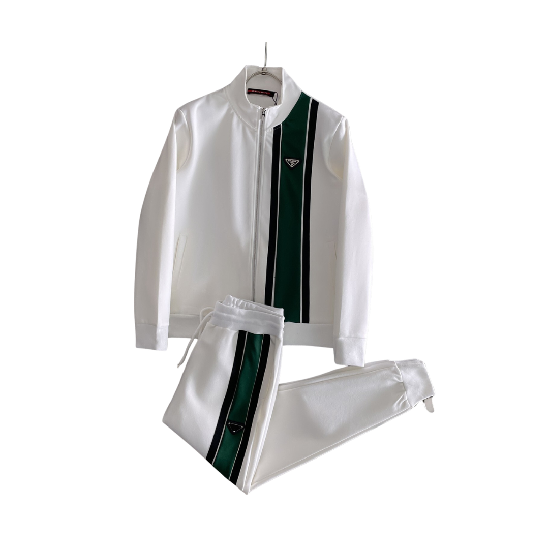 Prada Vertical Stripe Zip-Up White/Green Tracksuit 2026 | Drip Kickz Prada Vertical Stripe Zip-Up White/Green Tracksuit