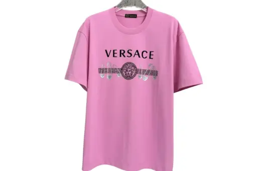 Versace Logo Text Embellished Crewneck T Shirt Pink