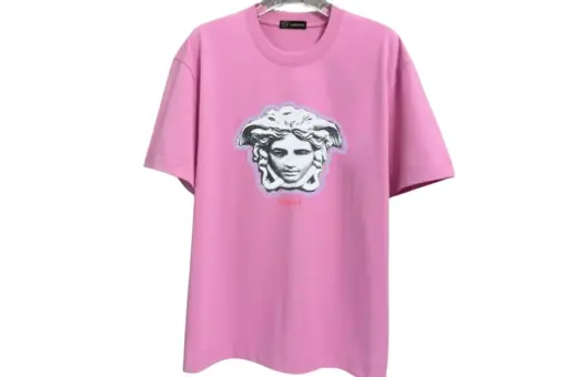 Versace Crewneck Pink T Shirt Medusa Head Monogram Printed On The Chest