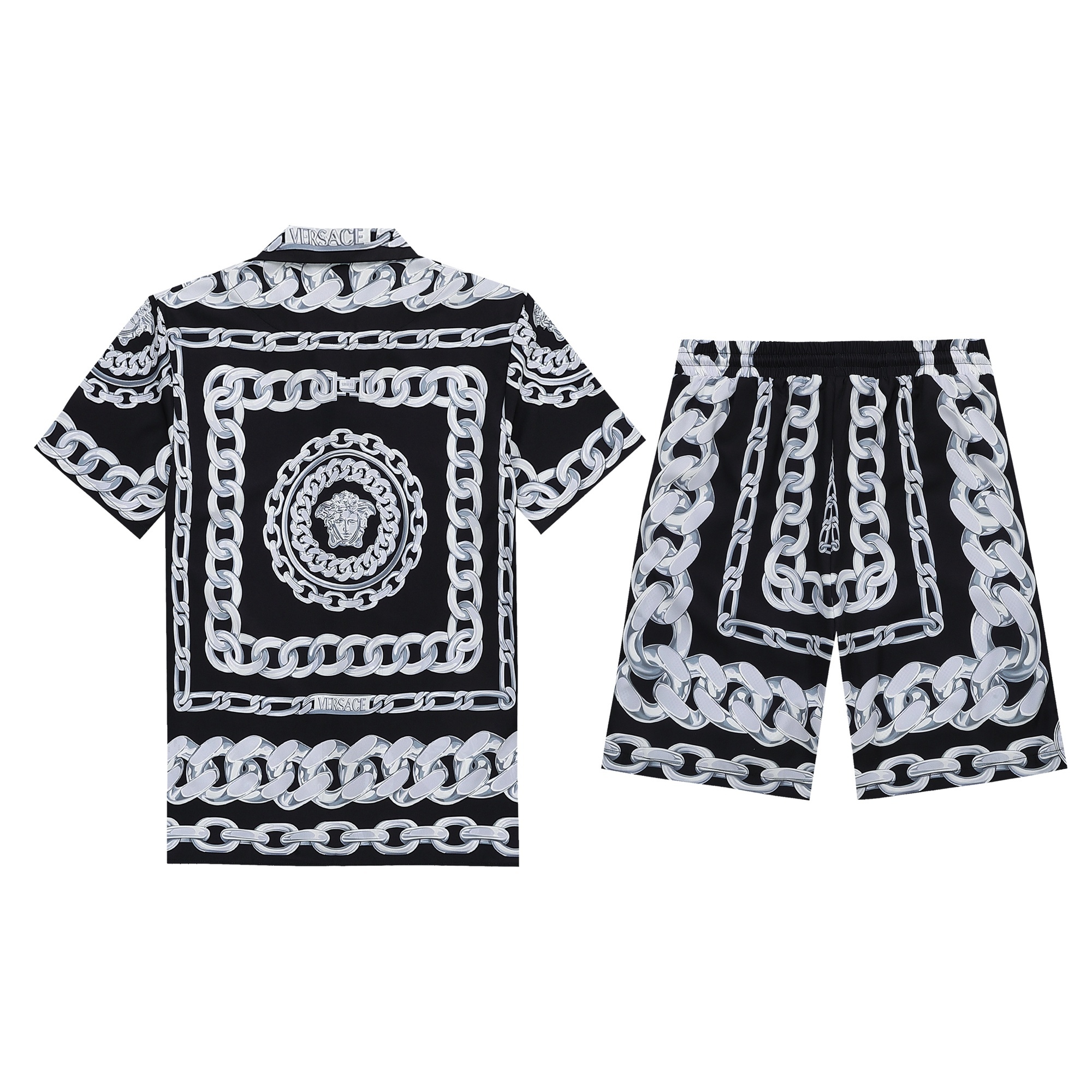Versace Light Black and Silver-Tone Medusa Chain Silk Shirt And Shorts Sets 2026 | Drip Kickz Versace Light Black and Silver-Tone Medusa Chain Silk Shirt And Shorts Sets - Image 2