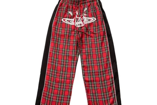 Syna World Plaid Straight Leg Trousers Brown Side Stripe Red