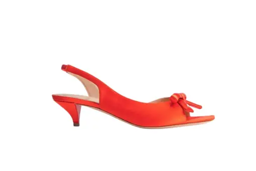 Bow Heeled Slingback Sandal Coral Red Satin