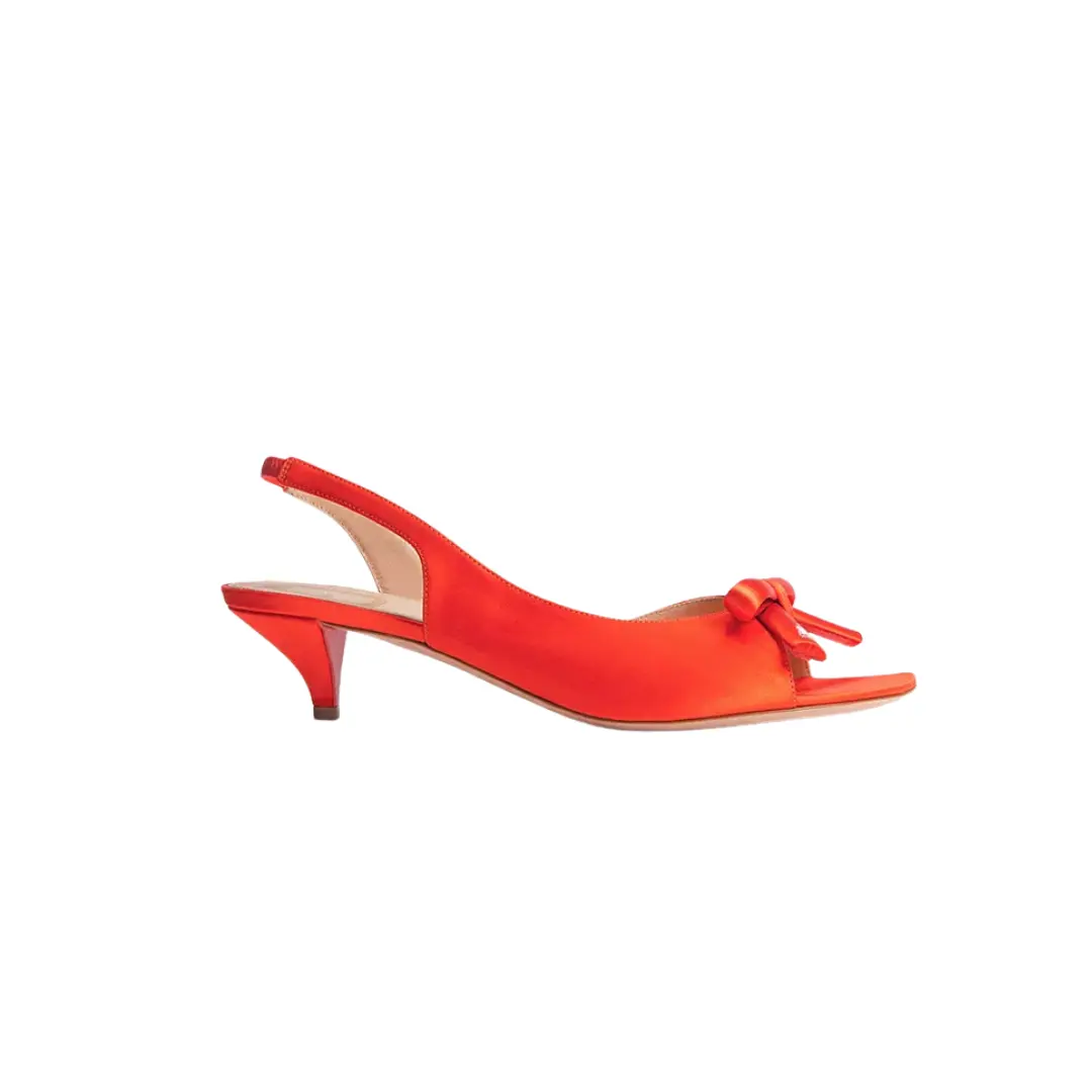 Bow Heeled Slingback Sandal Coral Red Satin 2026 | Drip Kickz Bow Heeled Slingback Sandal Coral Red Satin
