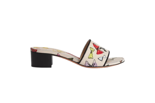 Dway Heeled Slide White Cotton Embroidered