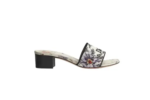 Heeled Slide Beige Cotton Embroidered
