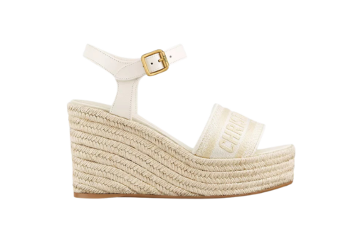 Dway Wedge Sandal White Calfskin Embroidered Cotton