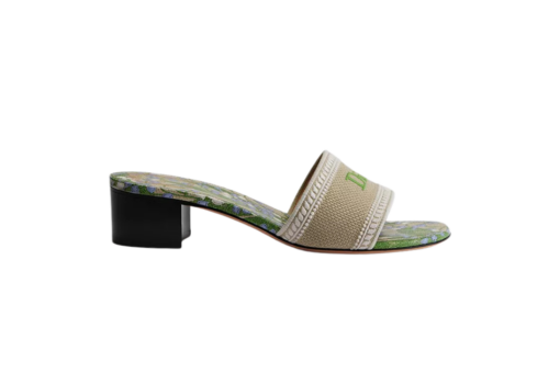 Heeled Slide Natural Embroidered Cotton