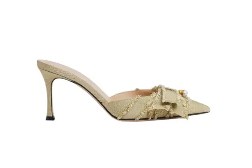 Adiorable Heeled Mule Gold-Tone Fringed Laminated Grosgrain