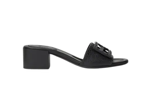 Baguette Black Leather Medium-Heeled Slides