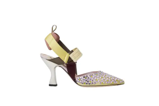 Fendi Colibrì Yellow Mesh Lilac Crystal High-Heeled Slingbacks