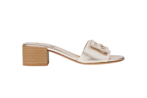 Fendi Baguette Platinum Laminated Leather Medium-Heeled Slides