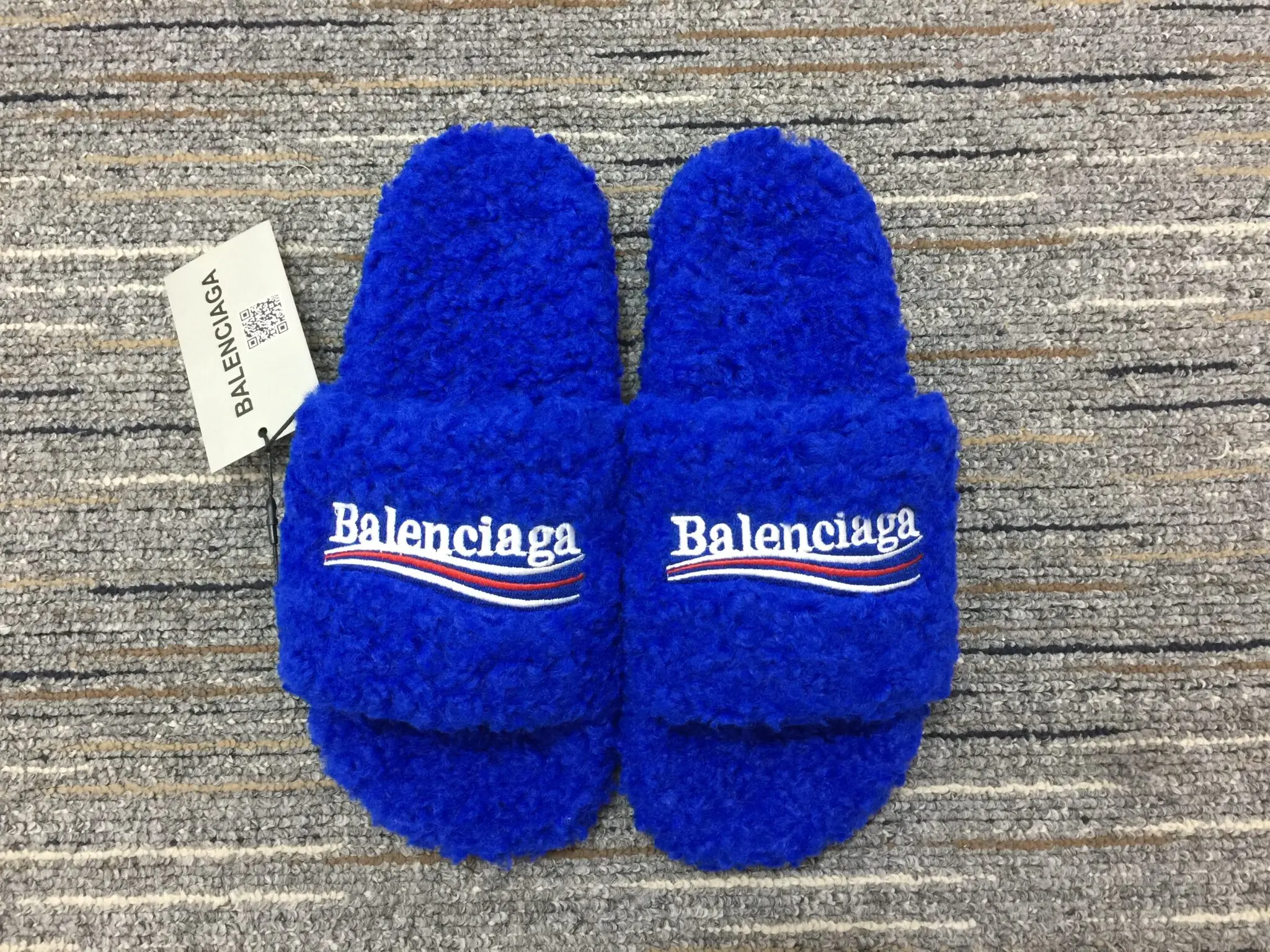 Balenciaga Furry Open Mules Blue Signature Embroidered Faux 2026 | Drip Kickz Balenciaga Furry Open Mules Blue Signature Embroidered Faux - Image 3