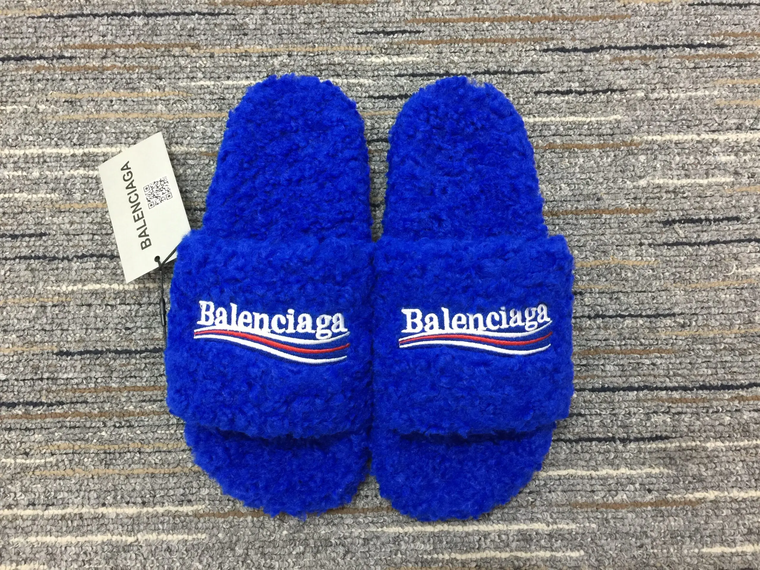 Balenciaga Furry Open Mules Blue Signature Embroidered Faux 2026 | Drip Kickz Balenciaga Furry Open Mules Blue Signature Embroidered Faux - Image 2