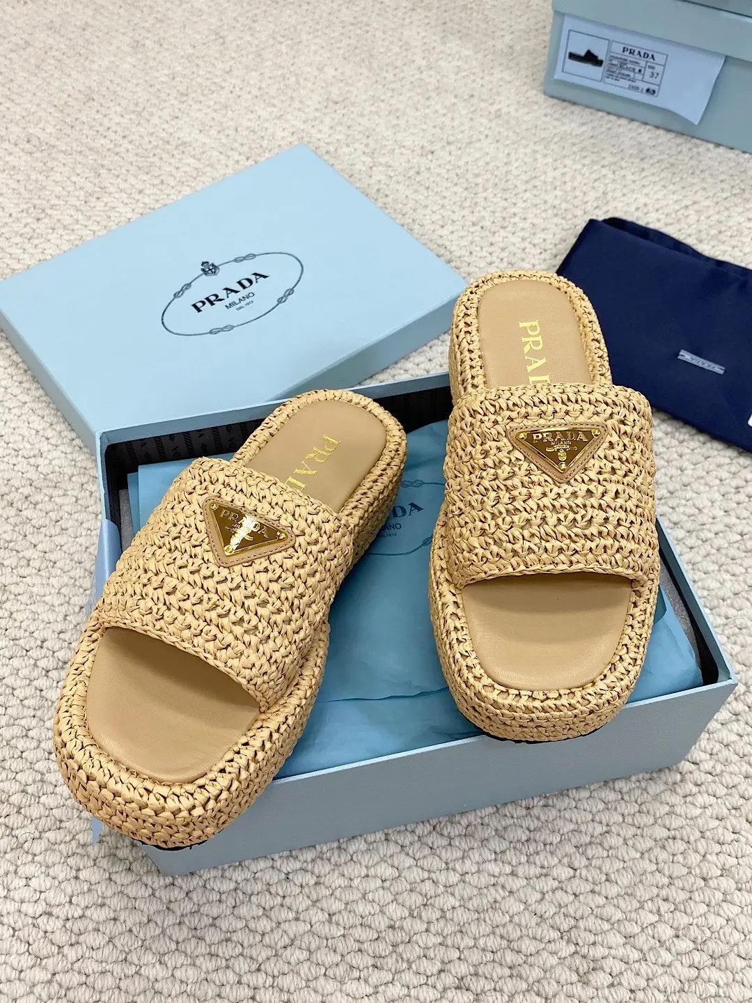Prada Raffia Flatform Slide Sandal Beige 2026 | Drip Kickz Prada Raffia Flatform Slide Sandal Beige