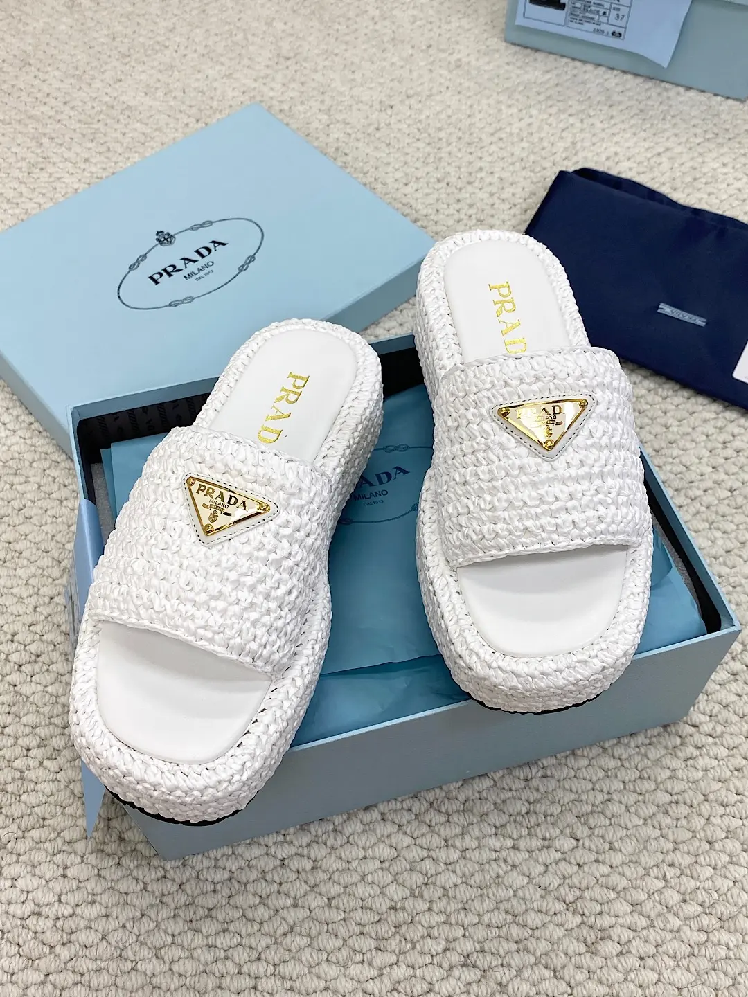 Prada Raffia Flatform Slide Sandal White 2026 | Drip Kickz Prada Raffia Flatform Slide Sandal White