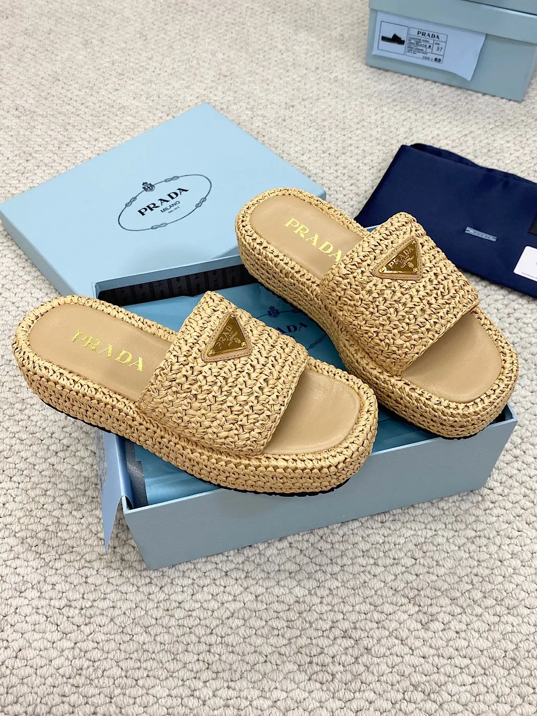 Prada Raffia Flatform Slide Sandal Beige 2026 | Drip Kickz Prada Raffia Flatform Slide Sandal Beige - Image 2