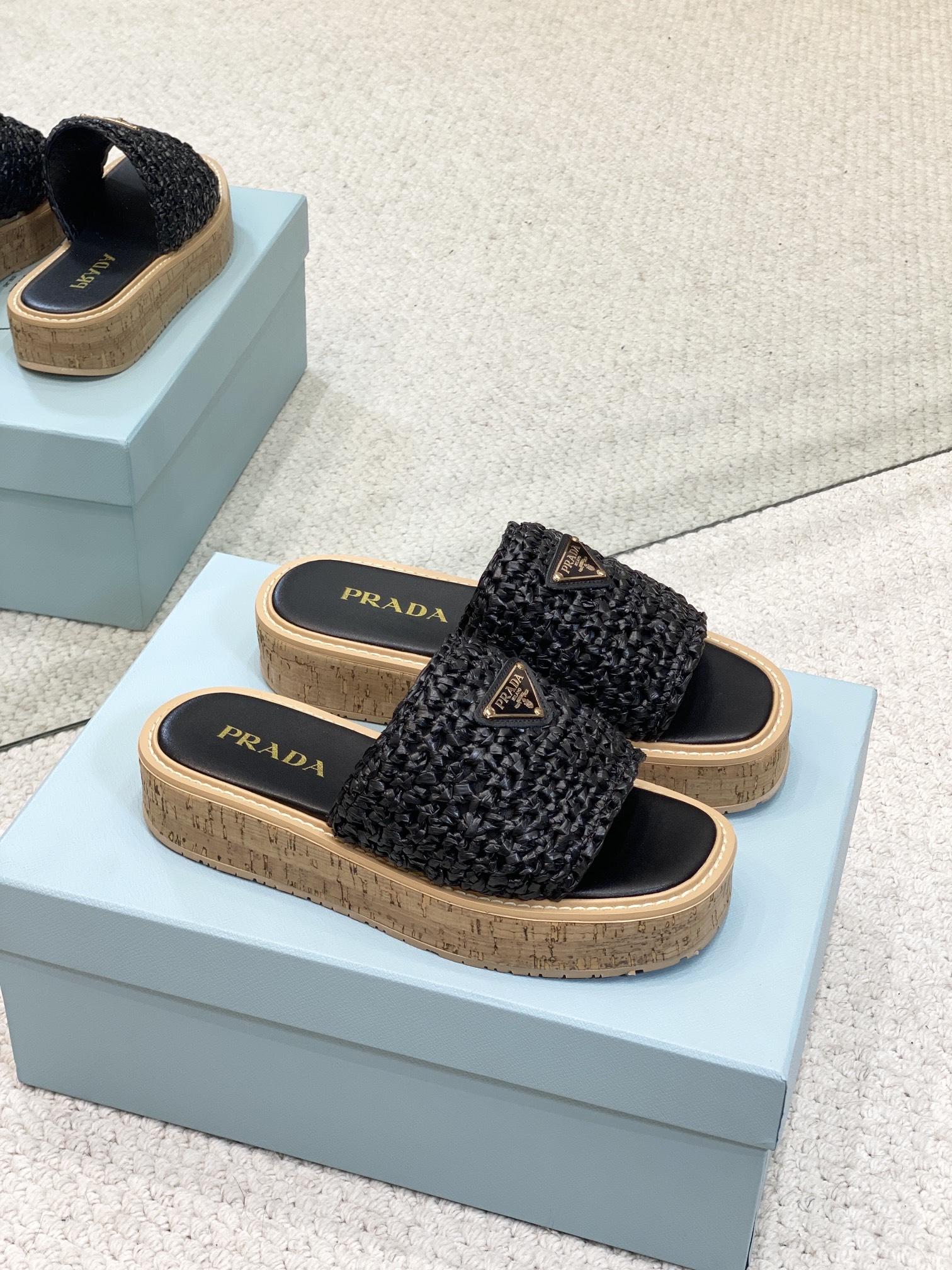 Prada Raffia Flatform Slide Sandal White Beige Black/ Beige 2026 | Drip Kickz Prada Raffia Flatform Slide Sandal White Beige Black/ Beige