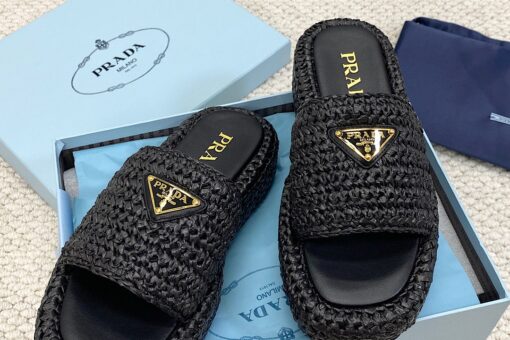 Prada Raffia Flatform Slide Sandal White Black - 40