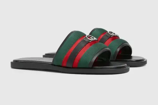 Men’s slide Sandal with Interlocking G Green & Red Nylon