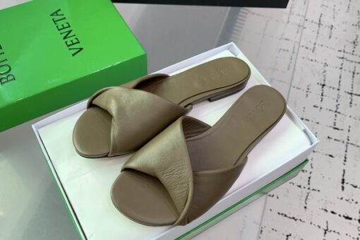 Bottega Veneta Blink Intrecciato Leather Flat Mules Khaki