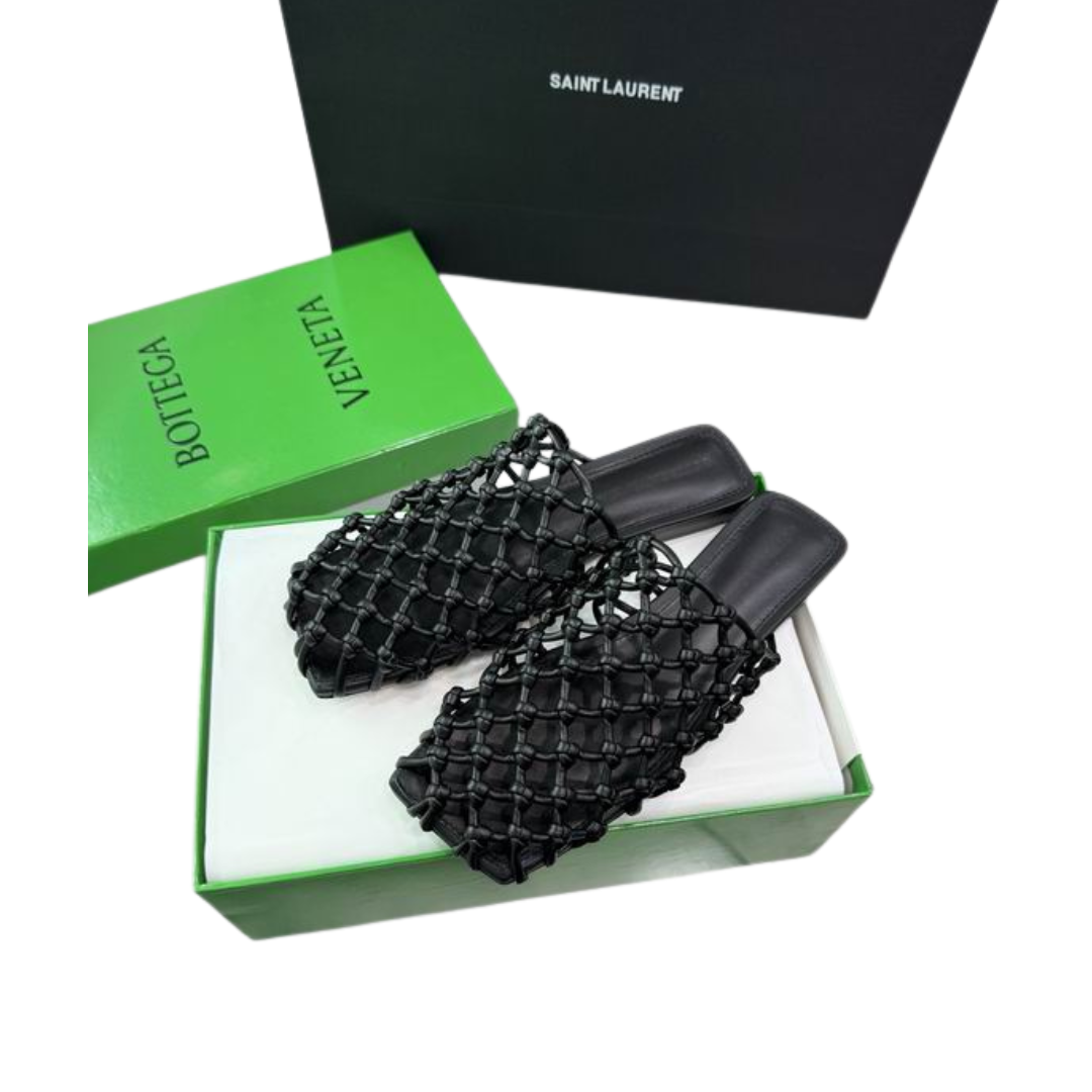 Bottega Veneta Metallic Leather Knot Net Mule Flats Black 2026 | Drip Kickz Bottega Veneta Metallic Leather Knot Net Mule Flats Black