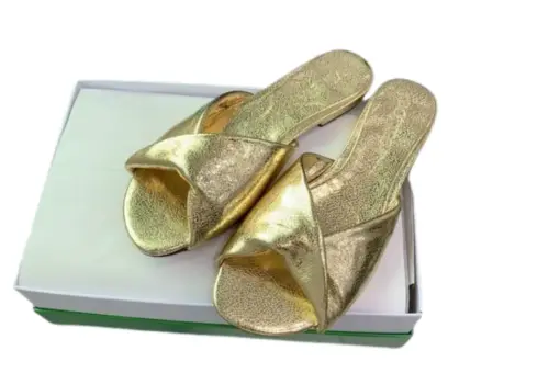 Bottega Veneta Blink Intrecciato Leather Flat Mules Glossy Gold