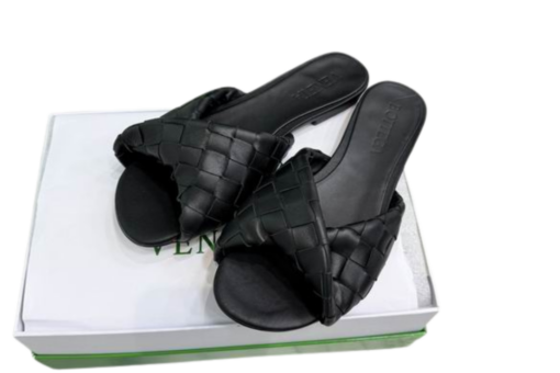 Bottega Veneta Blink Intrecciato Leather Flat Mules Glossy Black