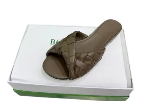 Bottega Veneta Blink Intrecciato Leather Flat Mules Brown/Khaki