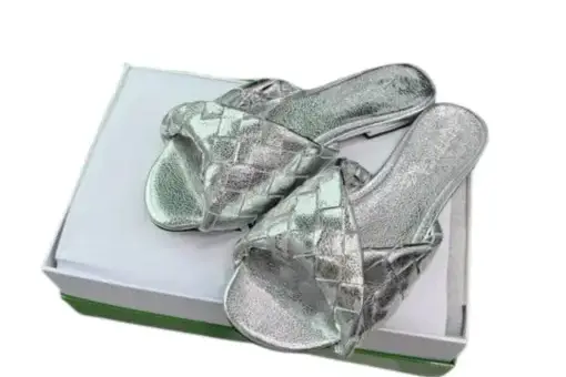 Bottega Veneta Blink Intrecciato Leather Flat Mules Silver