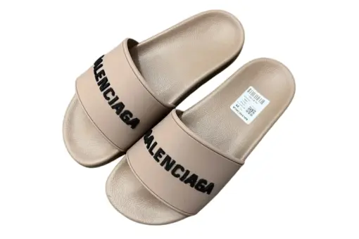 Balenciaga Logo Embossed Pool Slides Beige Rubber
