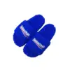Balenciaga Furry Open Mules Blue Signature Embroidered Faux