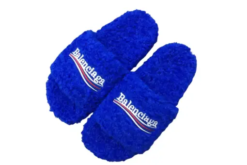 Balenciaga Furry Open Mules Blue Signature Embroidered Faux